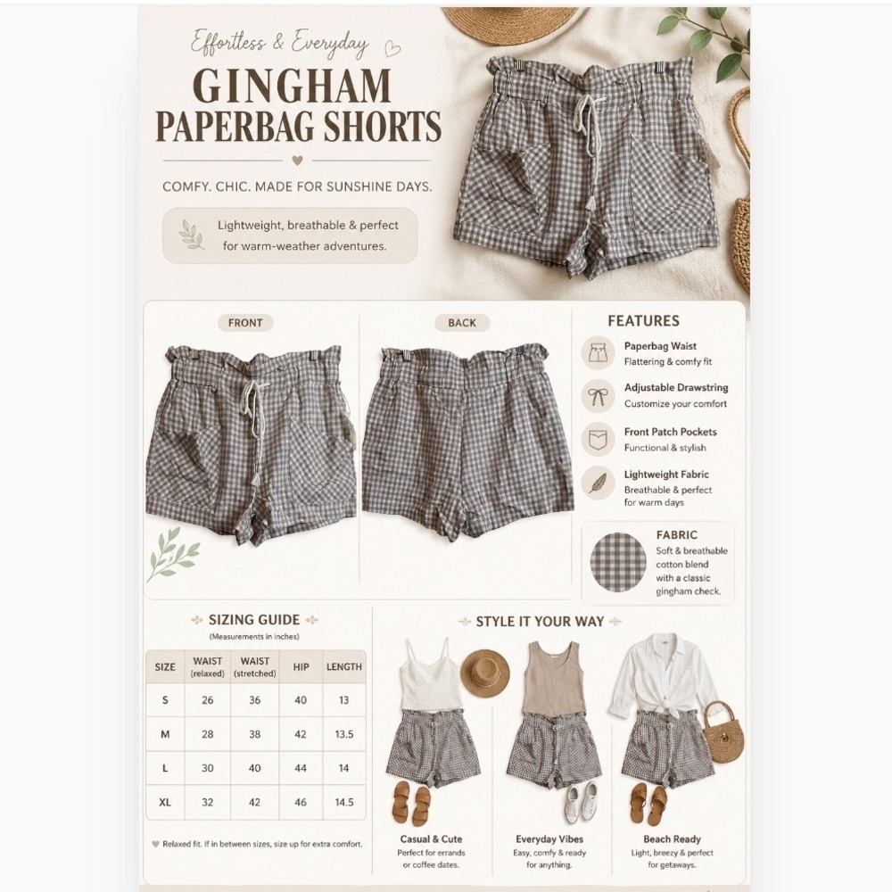 Indigo Rein Shorts Womens Large Tan Gingham Linen Blend Paperbag Waist NWT - Picture 3 of 16